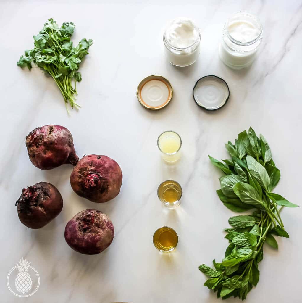 Beets & herbs healthy salad served on green cream || סלט סלק בריא שמוגש על קרם ירקרק