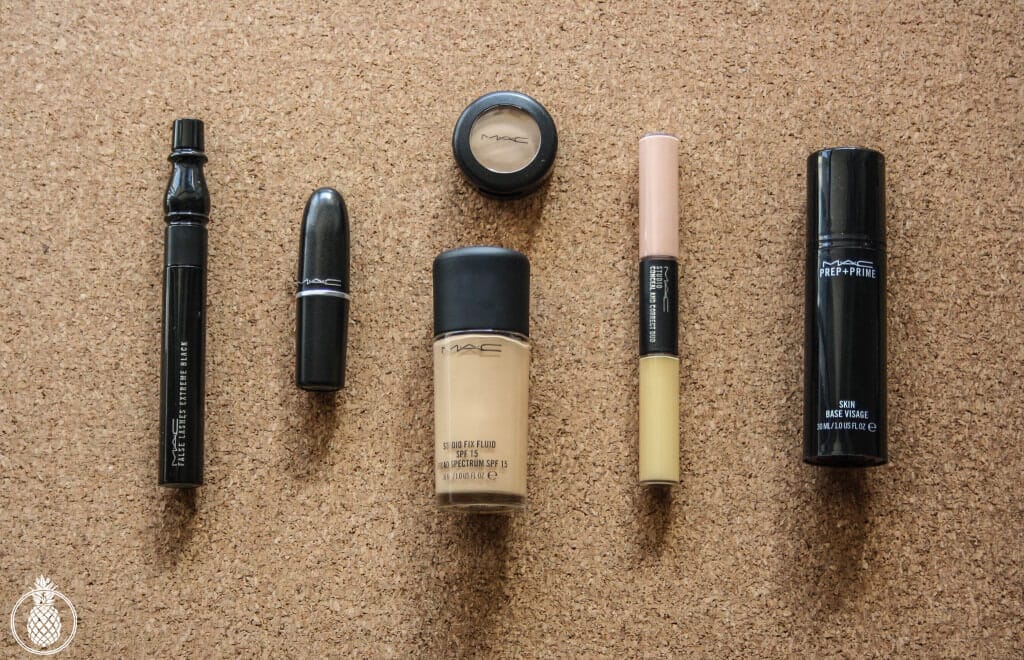 MAC makeup review -- studio fix fluid -- prep + prime -- false lashes extreme black mascara -- conceal and correct due -- studio finish concealer -- lustre lipstick