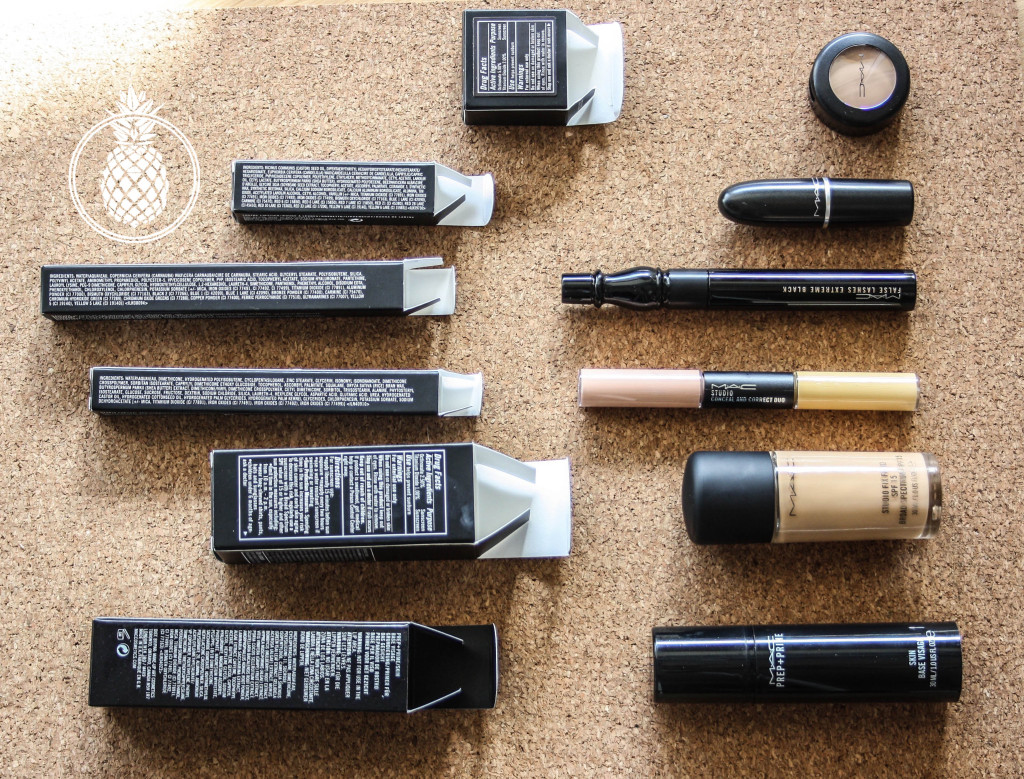 MAC makeup review -- studio fix fluid -- prep + prime -- false lashes extreme black mascara -- conceal and correct due -- studio finish concealer -- lustre lipstick