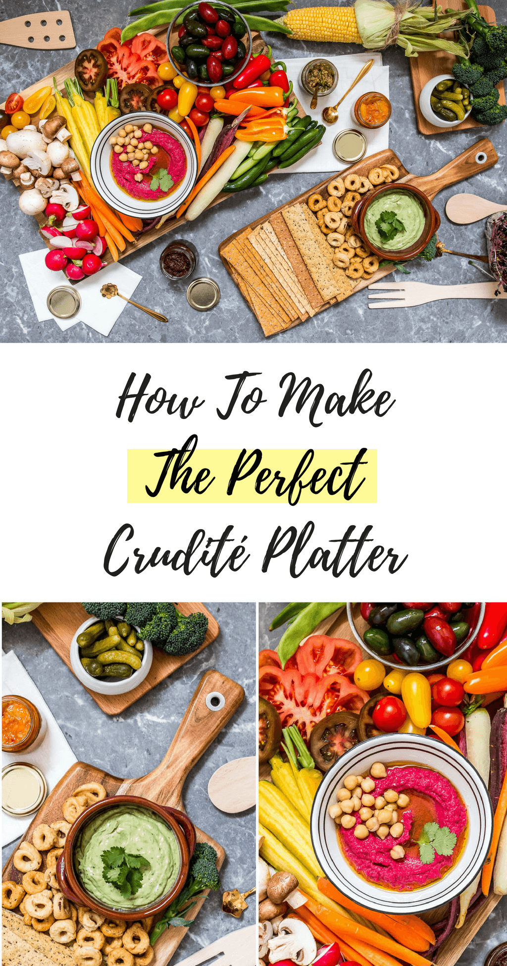 Learn How To Assemble The Most Gorgeous Crudité Platter! Fresh veggies, homemade healthy dips {beet hummus and avo-yogurt !} and healthy carbs! Click through for the full article featuring a step by step video tutorial @ hedonistit.com 