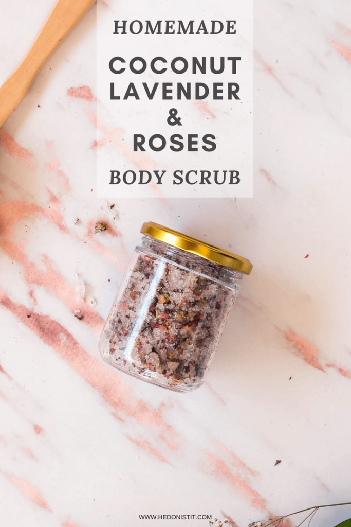 This 4-ingredient homemade coconut, lavender & roses body scrub is very nourishing for dry skin. This homemade scrub is great for exfoliating, promoting healthy skin!