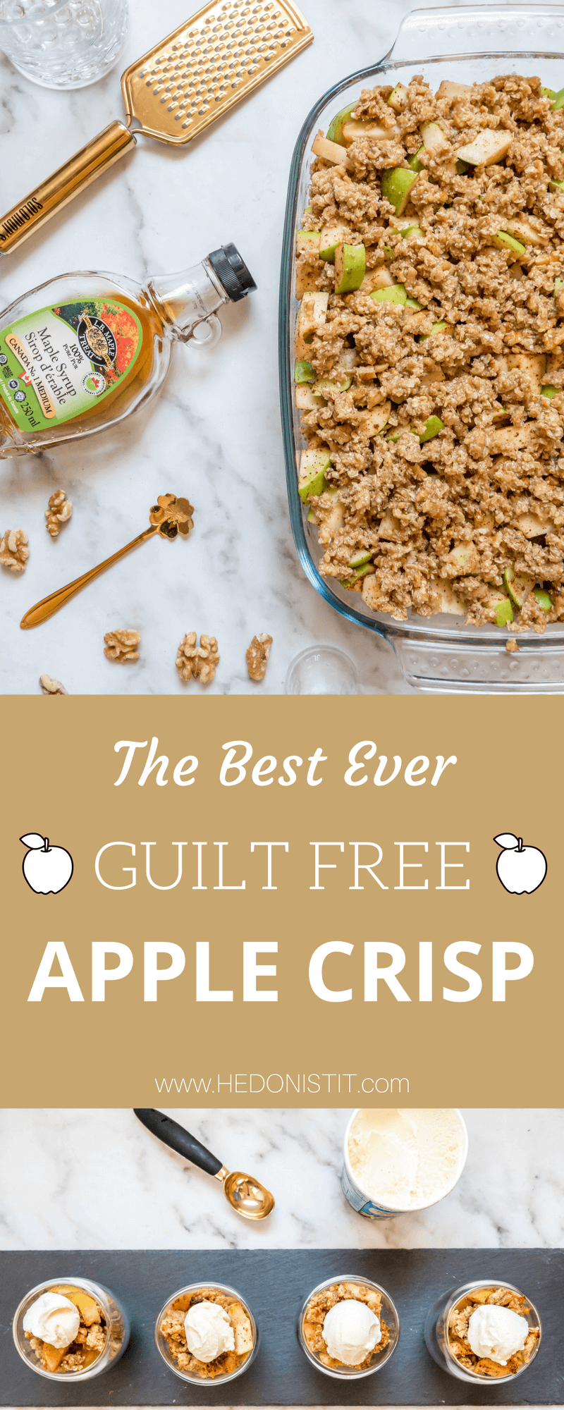 The best healthy clean eating recipe for a delicious apple crisp (crumble)! It’s easy and quick to make, with oatmeal crunchy topping. Gluten free vegan recipe. | hedonistit.com