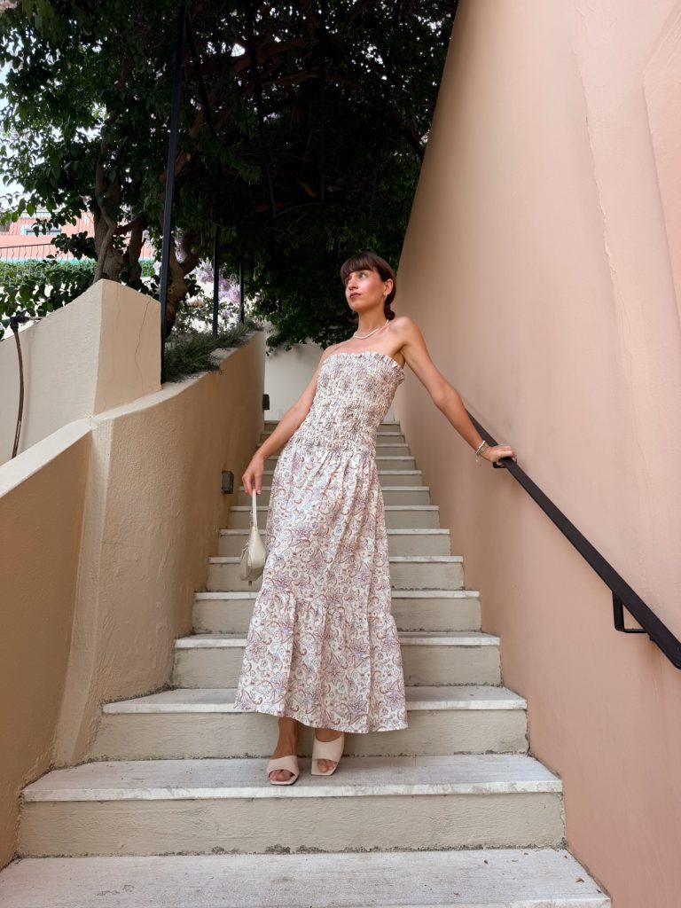 Tamar Leibovich Golan in a dress on the grounds of the Nido, Mar-Bella Collection hotel in Corfu